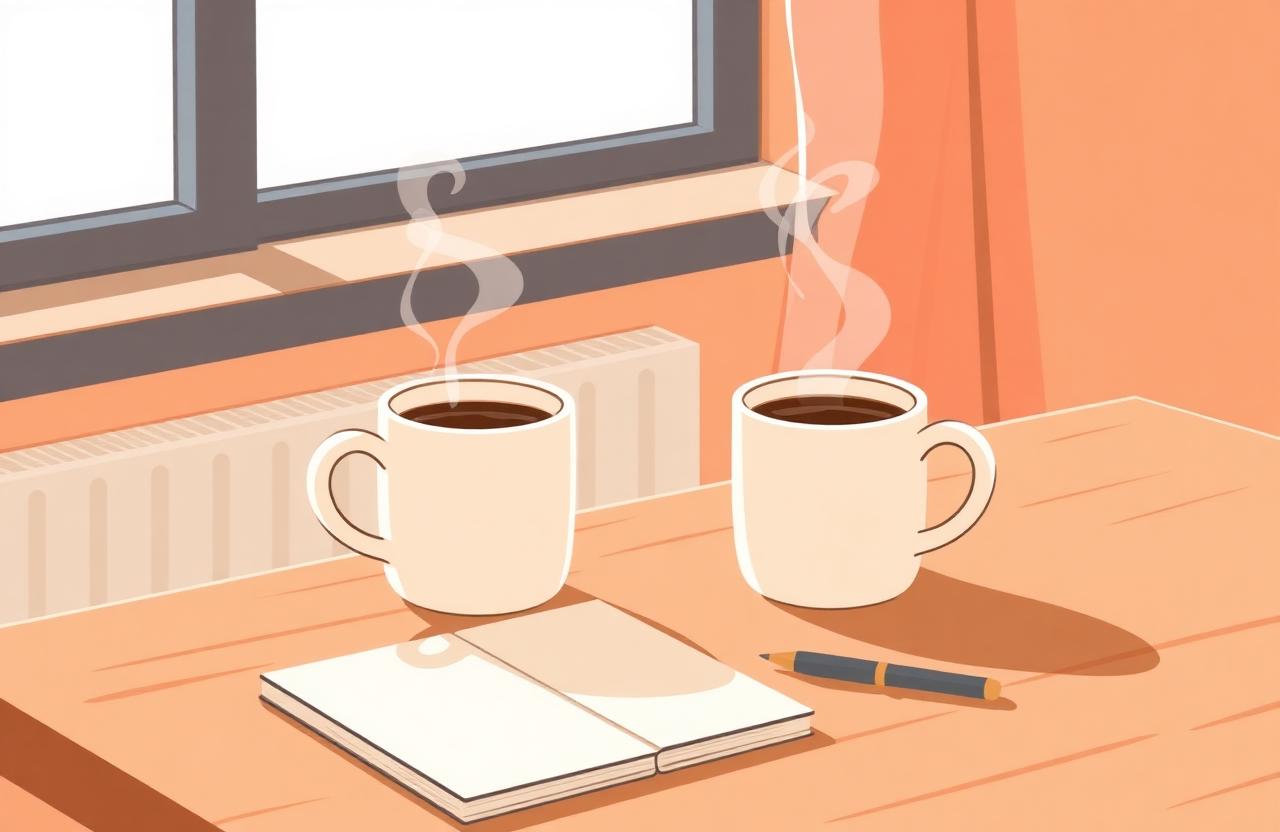 Two coffee mugs and a notebook on a sunlit table