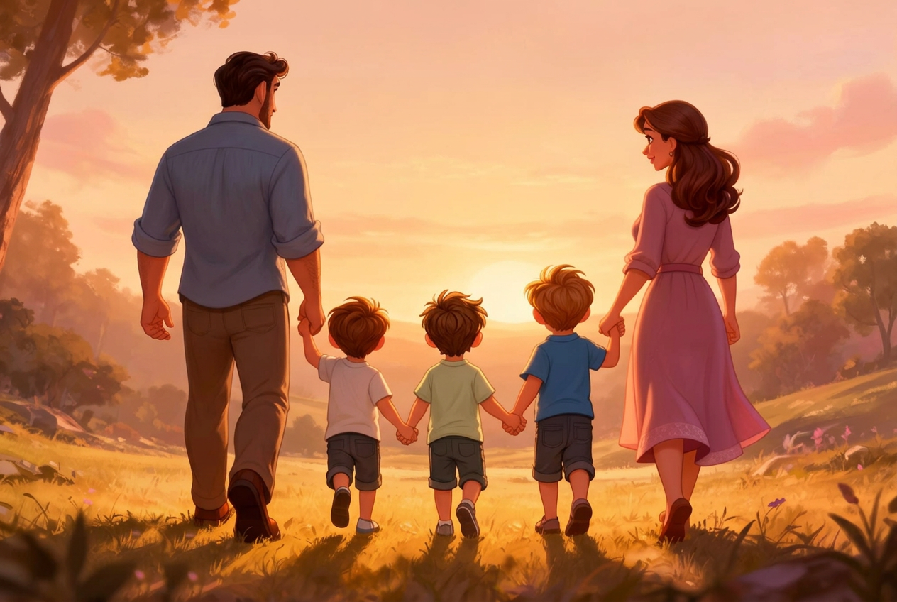 A dad and mom walking with their three boys at golden hour